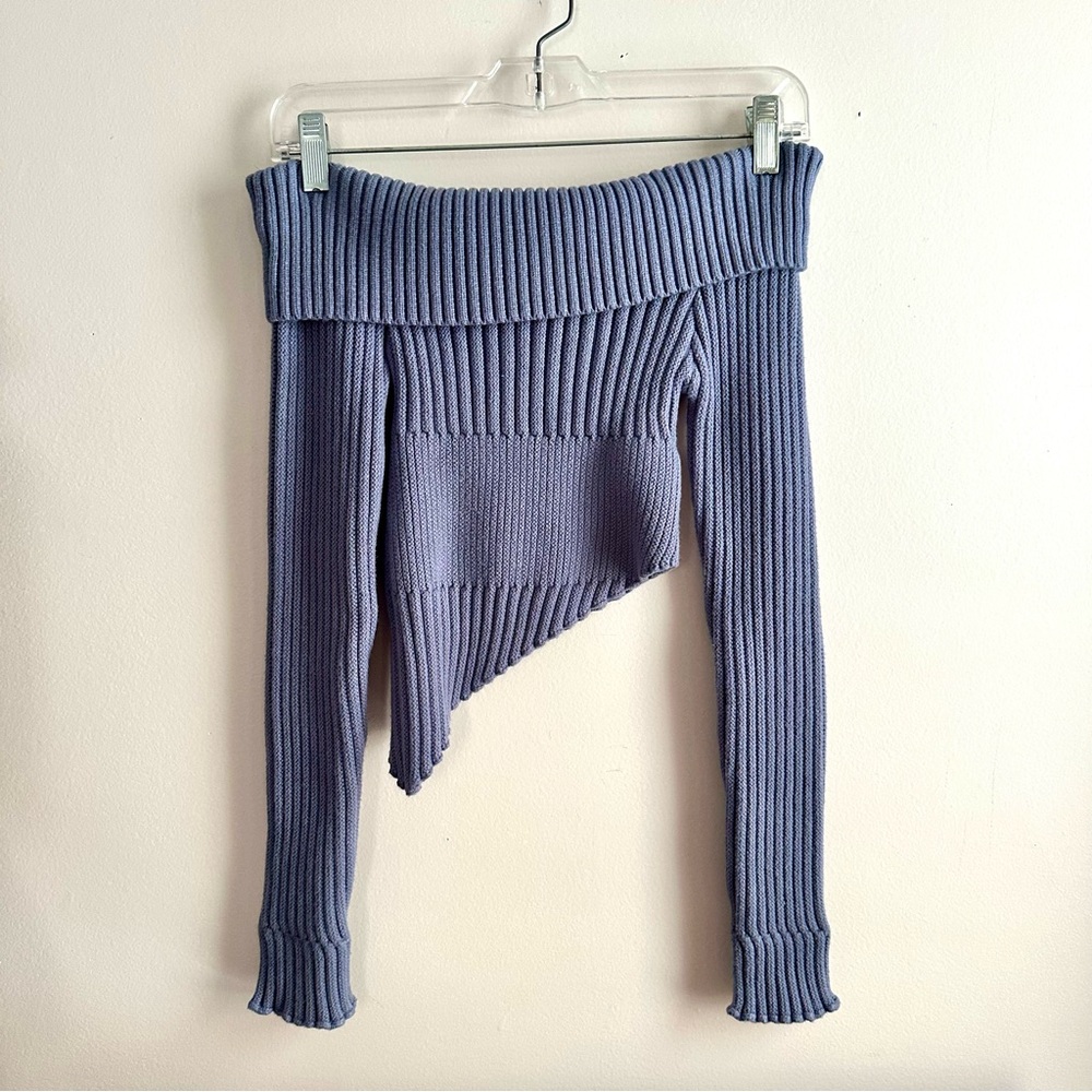 Edikted •‎ Asymmetric Off The Shoulder Rib Sweater in Blue